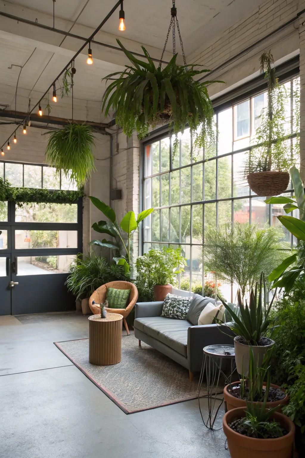 Plants add a refreshing element to the garage environment.
