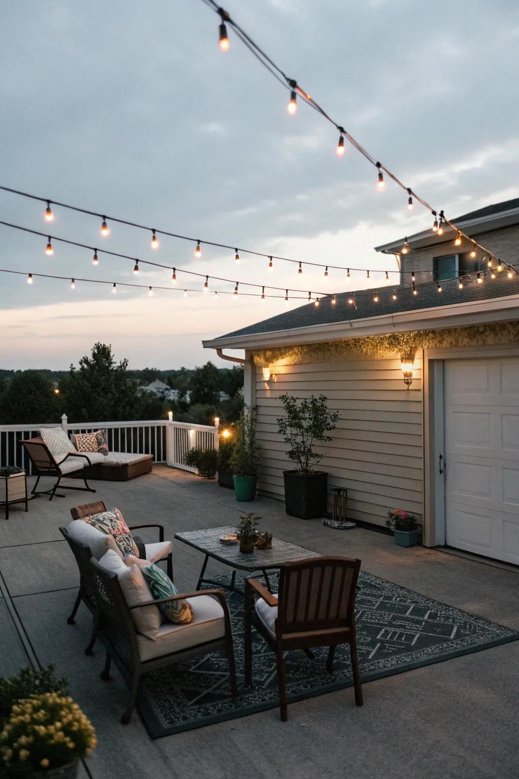 A fashionable rooftop deck transforms a garage into an entertainment haven.