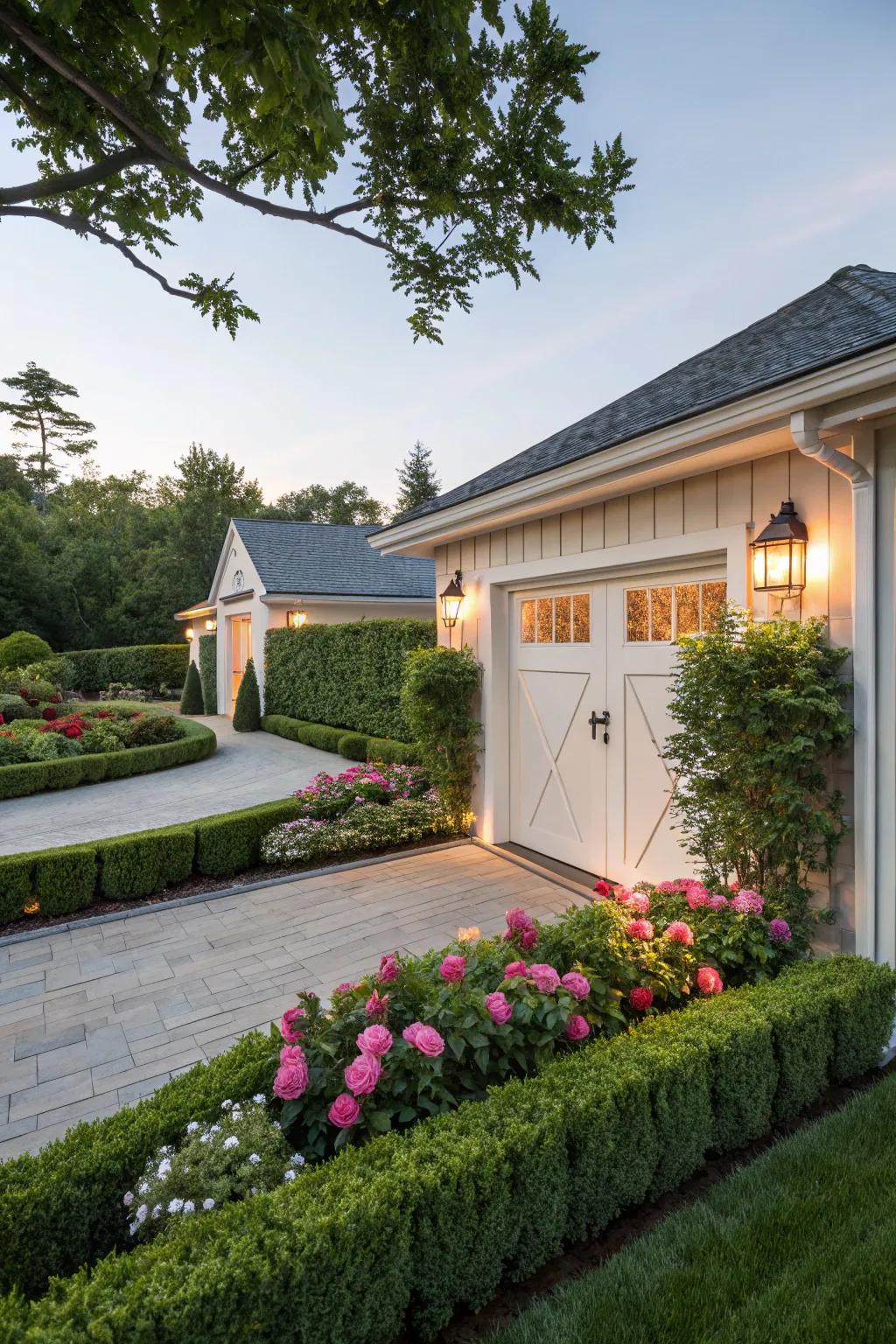 Landscaping enhances the garage trim aesthetic.