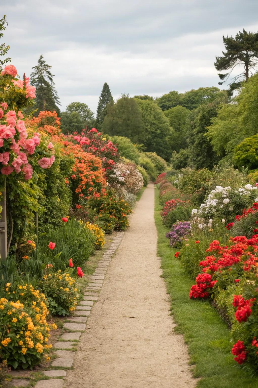 Vibrant floral borders add color and description to garden paths.