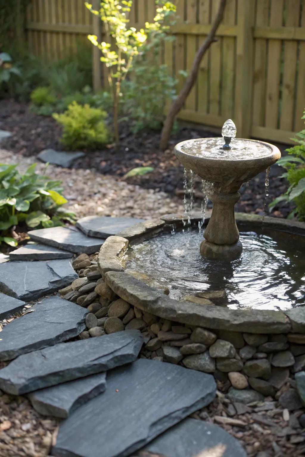 Enhance your garden with a peaceful water element outlined by stone fragments.