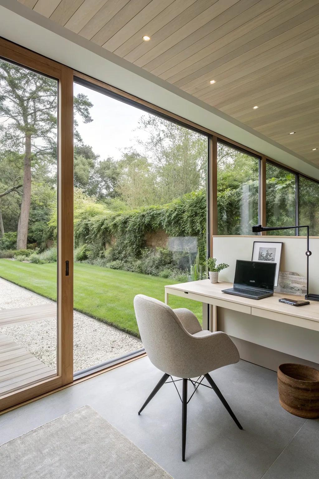 A minimalist garden office, displaying simplicity and elegance for peak productivity.