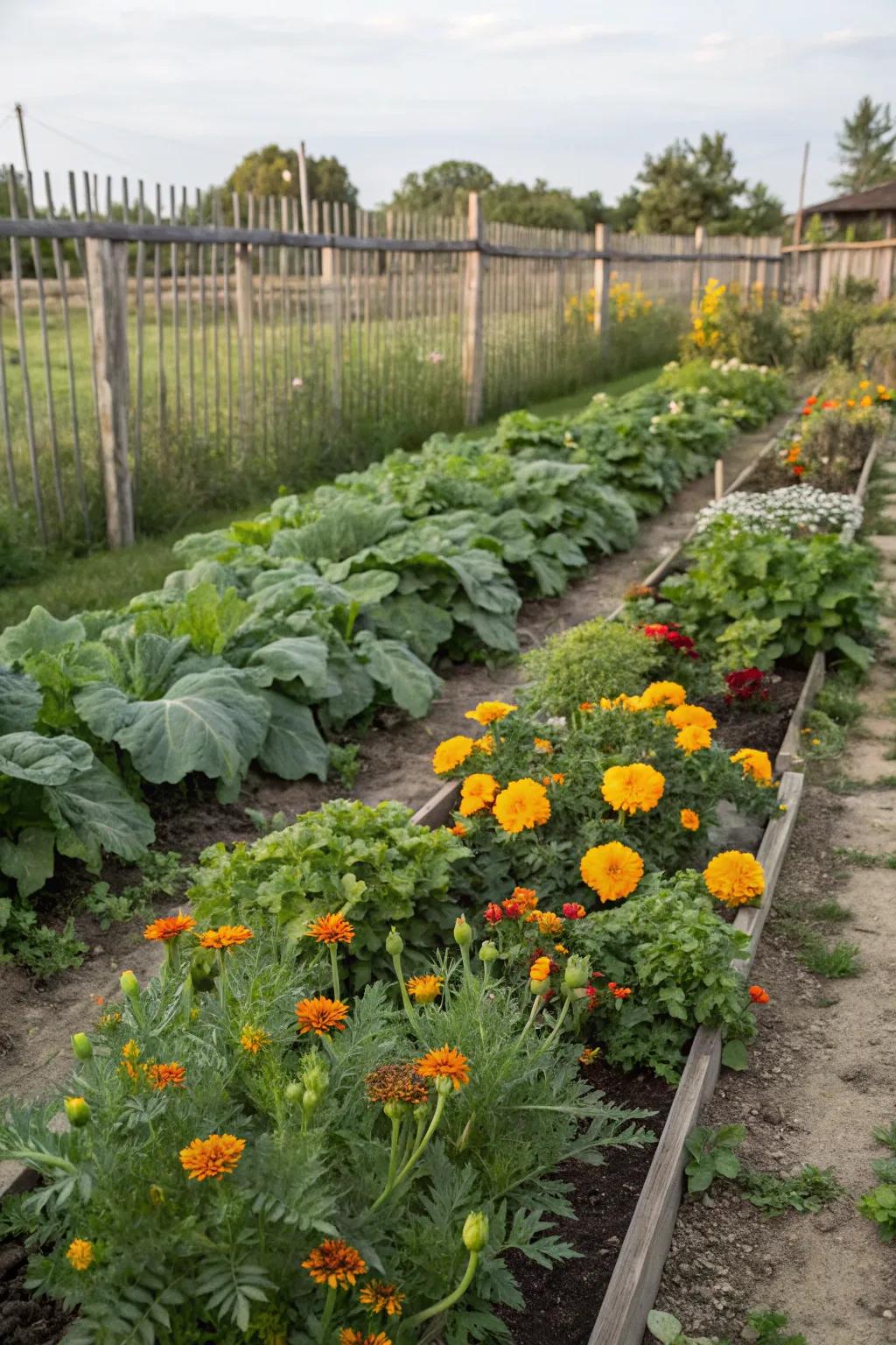 A garden plot with vegetables and marigolds planted together.