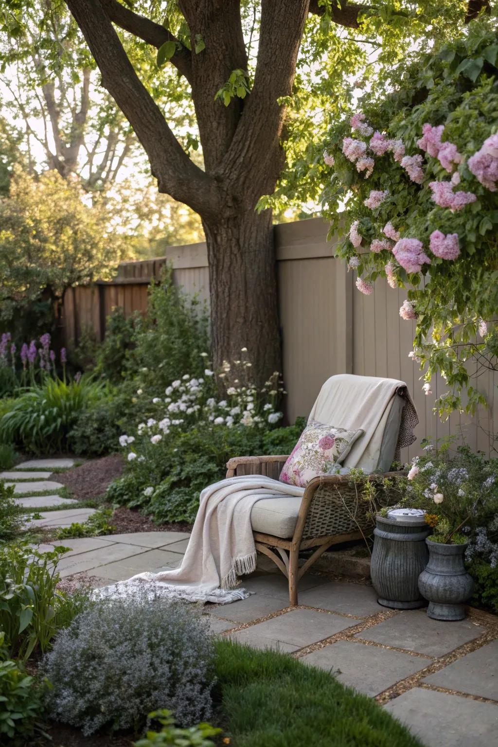 A secluded garden nook, featuring a tree as a serene backdrop.