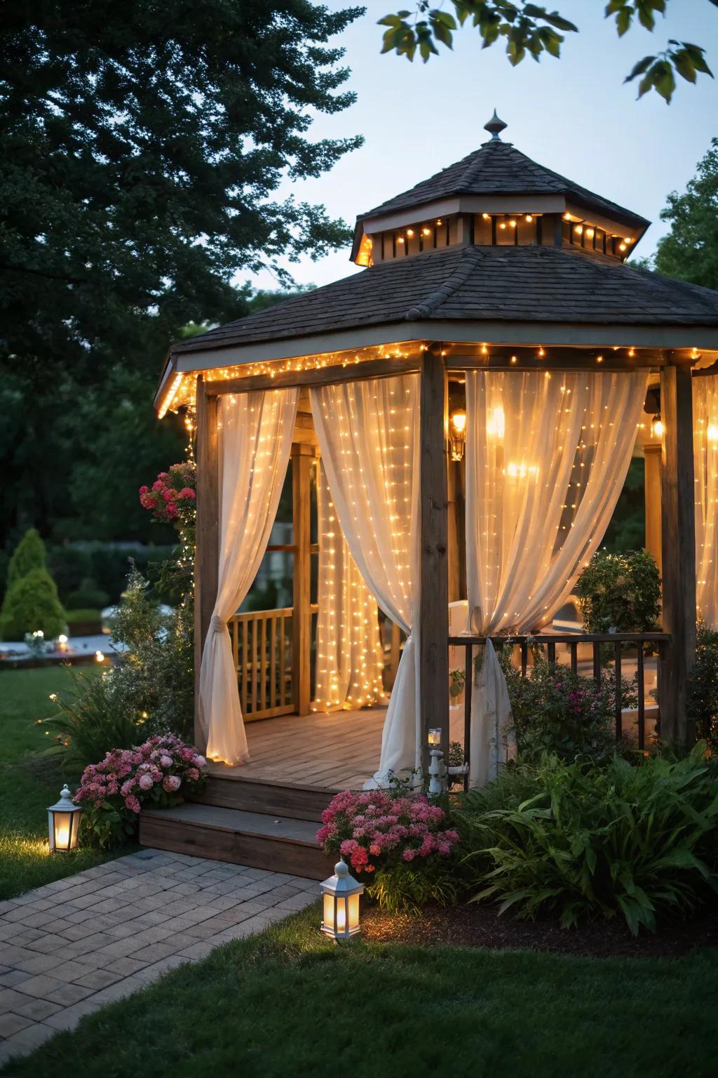 Covering lights fashioning a snug, lavish gazebo area.