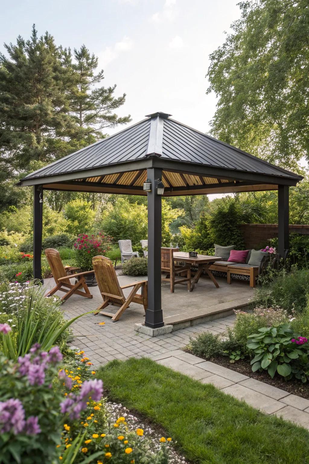 A gazebo with a slatted roof, offering adaptable shade and sunlight.