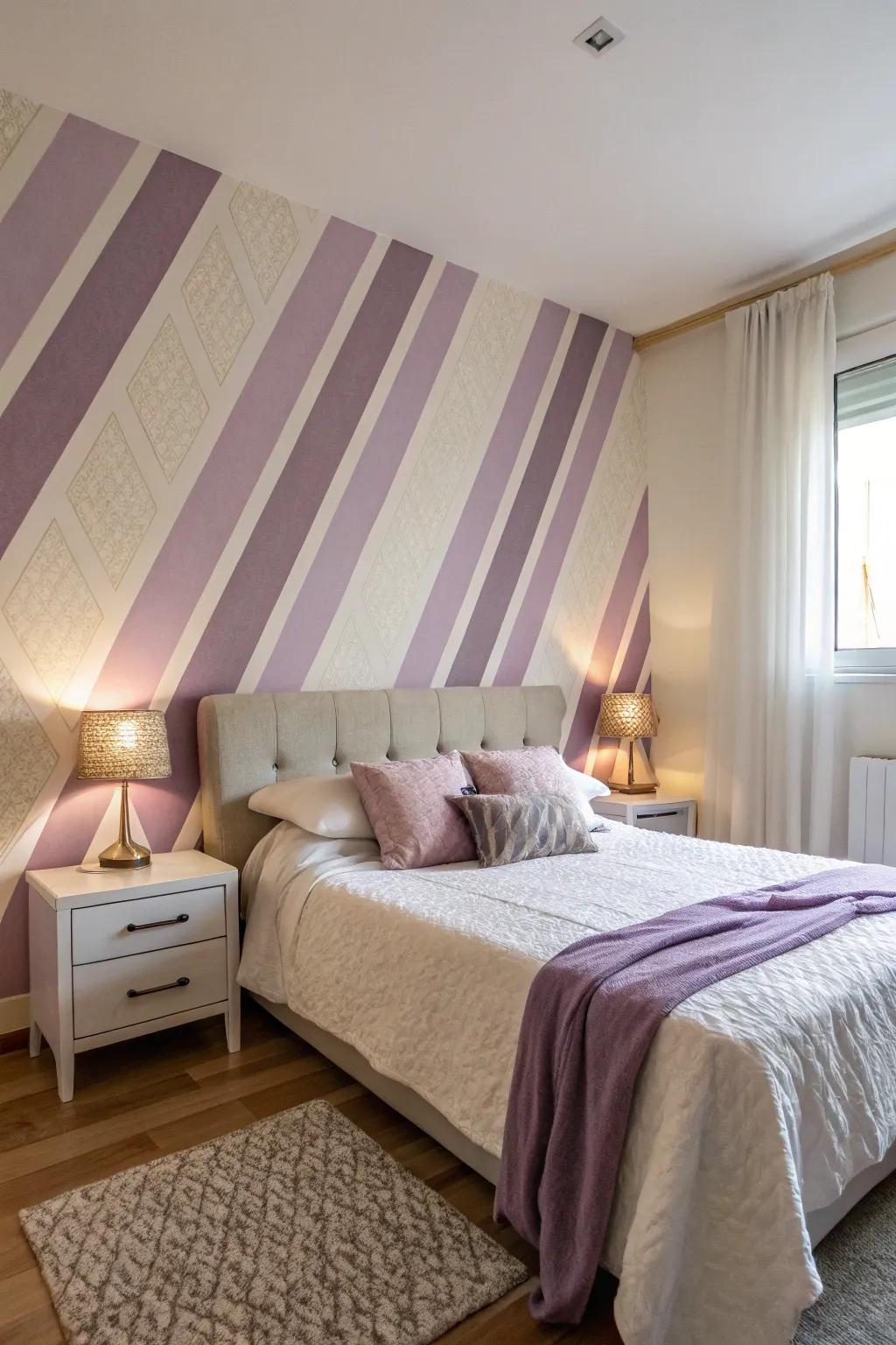 A bedroom showcasing refined diagonal stripe geometric wall designs.