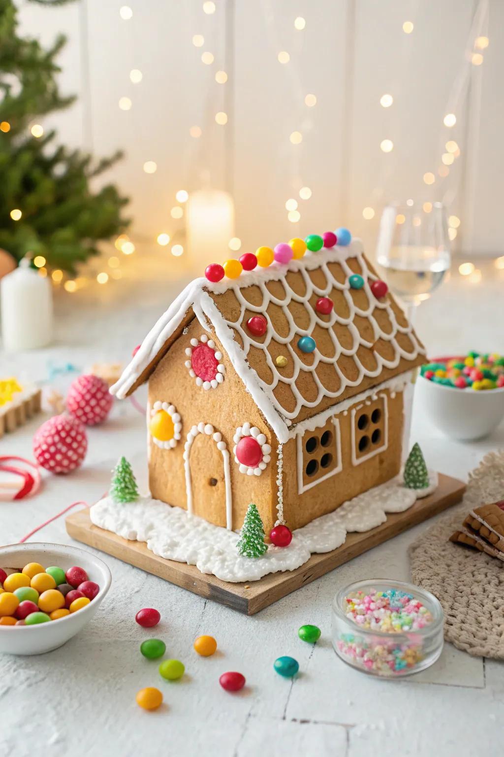 A gingerbread rooftop embellished with spectrum sweet tiles.