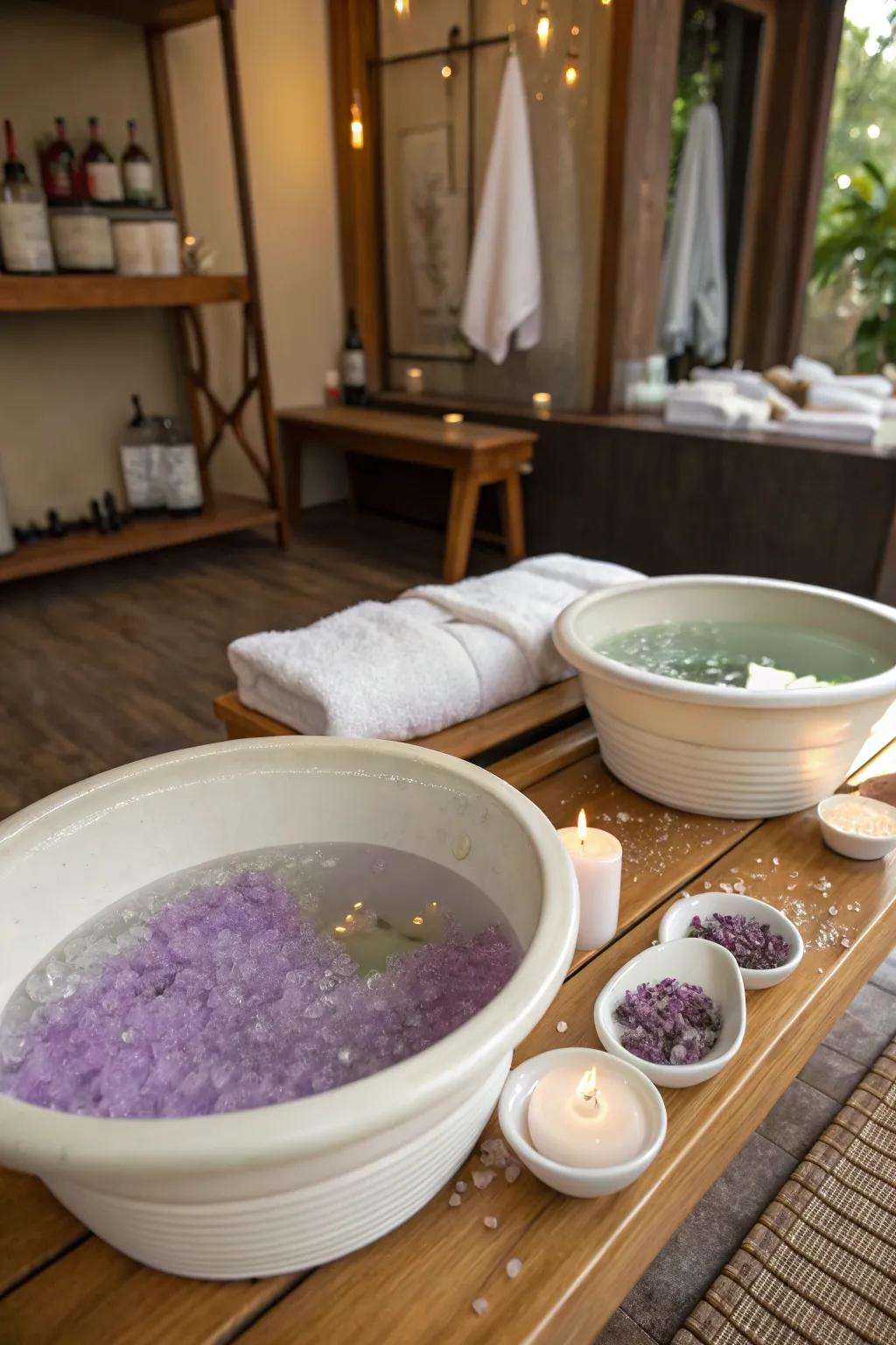 Foot soak stations designed for a calming spa experience.