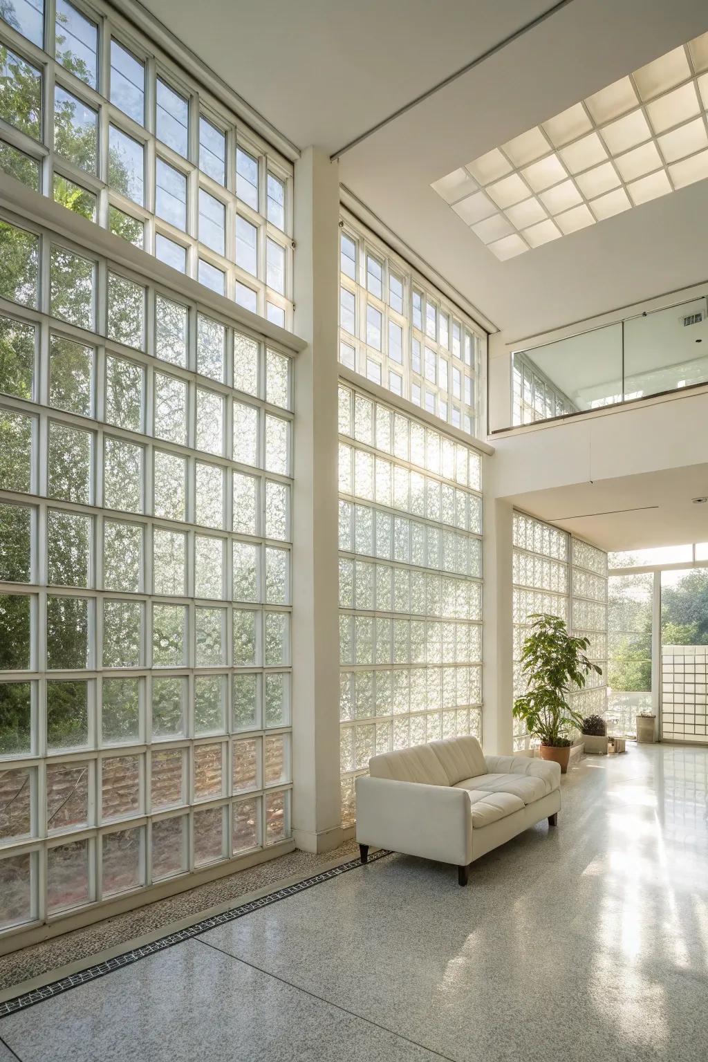 A radiant interior space showcasing glass block walls, which optimizes the influx of natural light.
