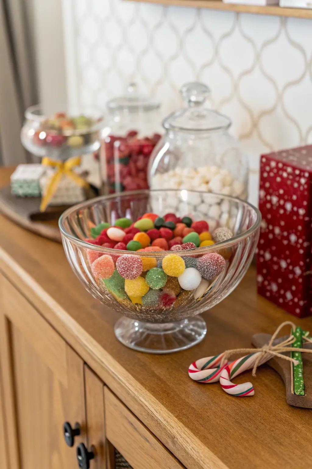 A sweet and chic glass bowl populated through sweets and ornamental accents.