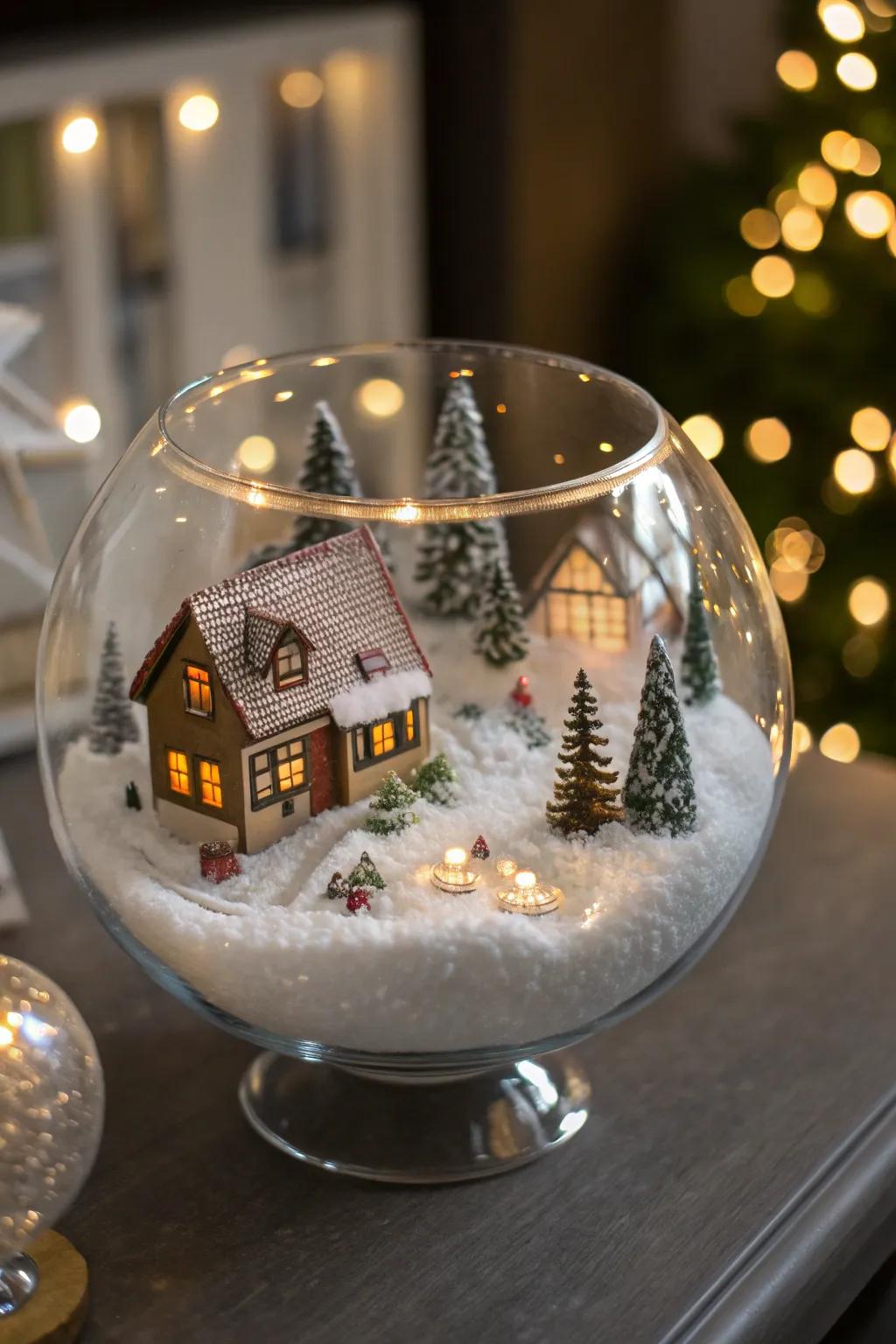 A captivating winter township panorama nestled within a clear vessel.