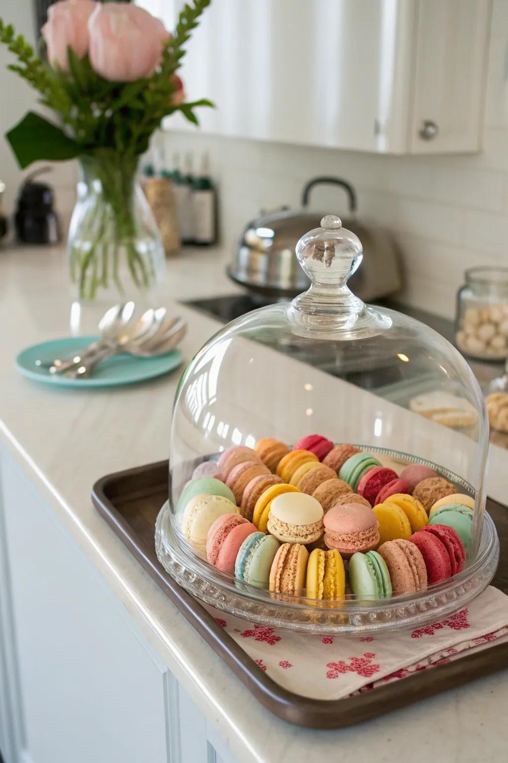 A choice of macarons showed elegantly under a glass dome.