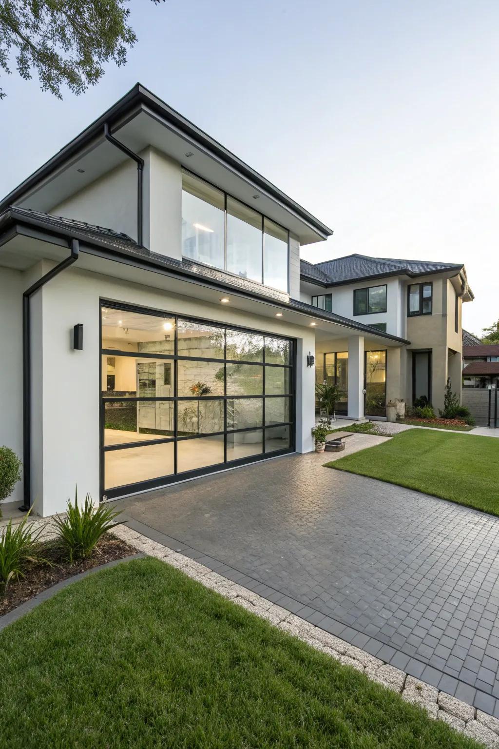 A home where the architecture is accentuated by a glass garage door.