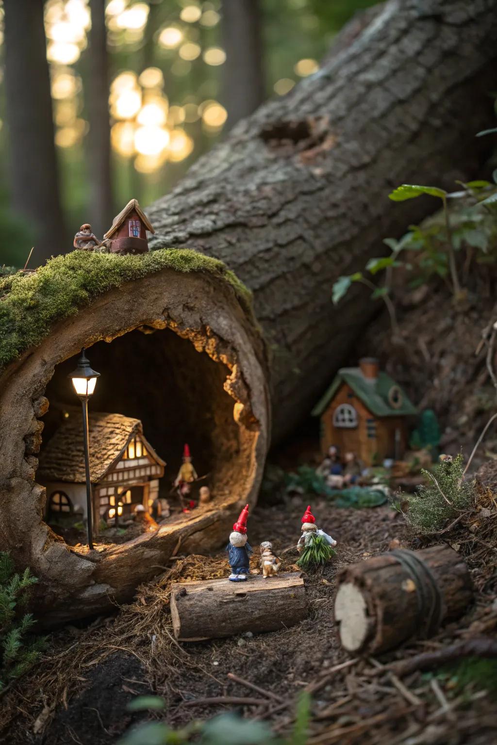 A concealed gnome village nestled inside a log.