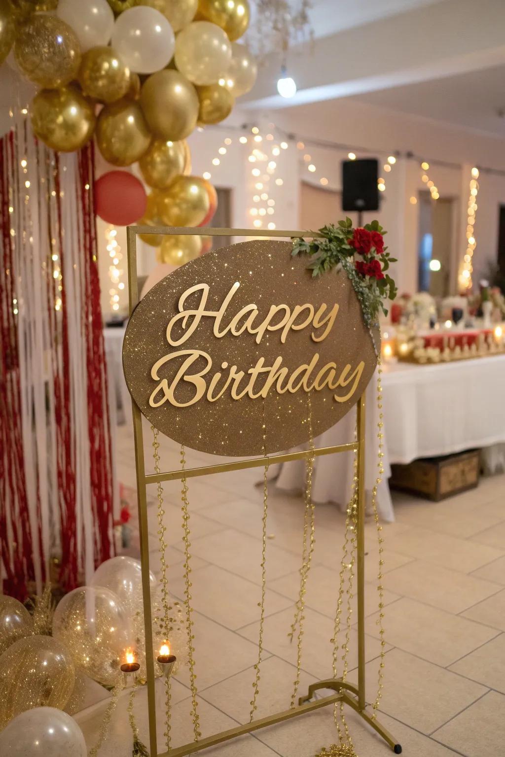 Bespoke golden signage renders your birthday celebration unique.