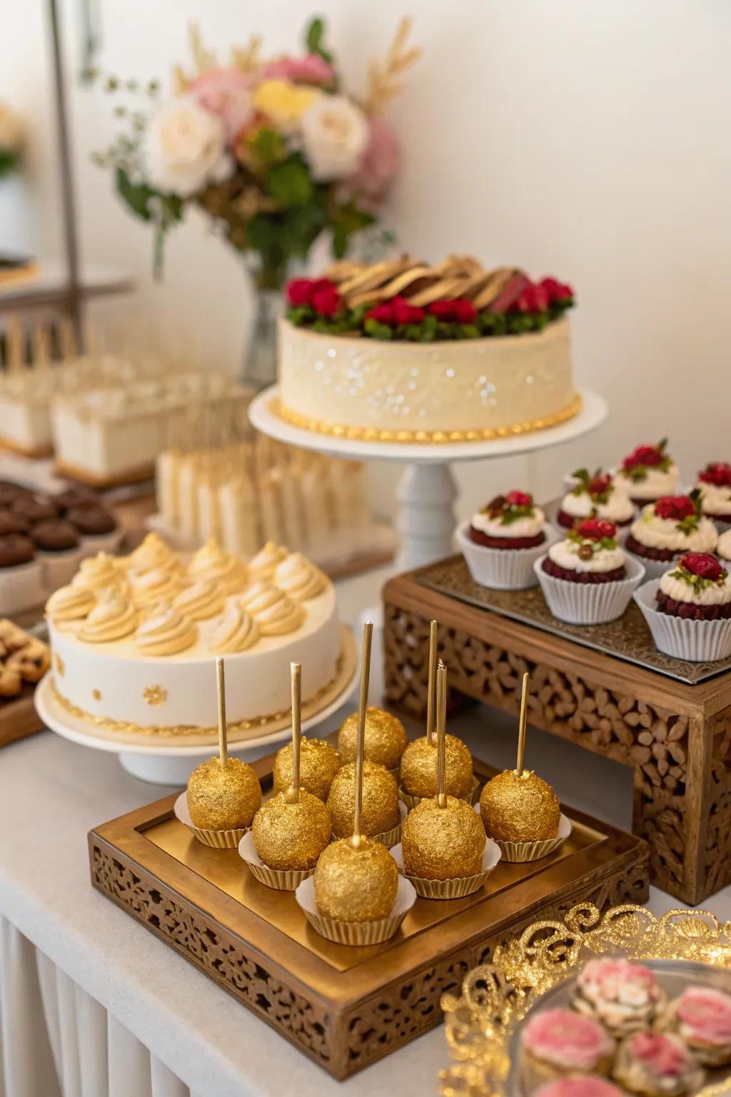 Gold-decorated desserts add a luxurious feel to the dessert display.