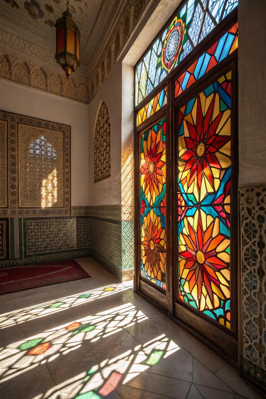 Art inspired by stained glass, adding depth and sophistication.