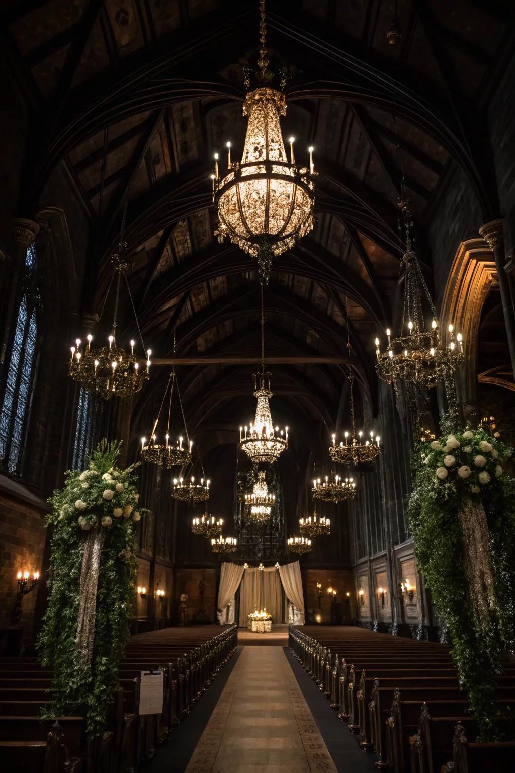 A gothic wedding venue showcasing suspension lights and subtle illumination.