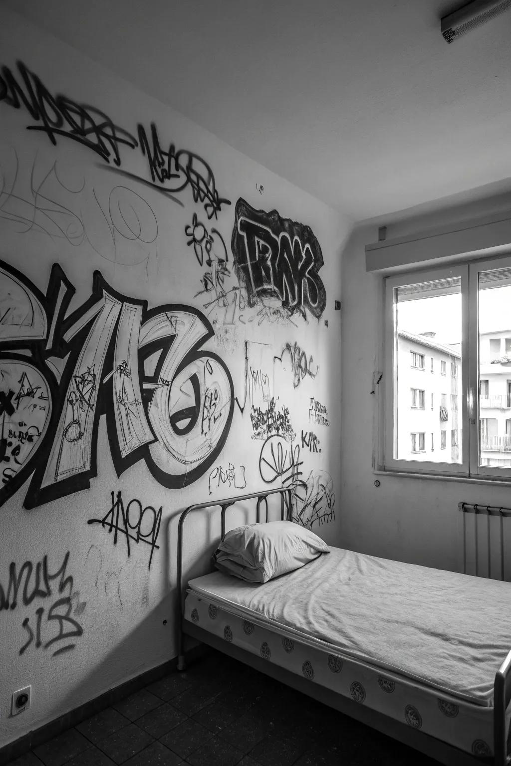 Monochrome urban art conveying elegance to a bedroom