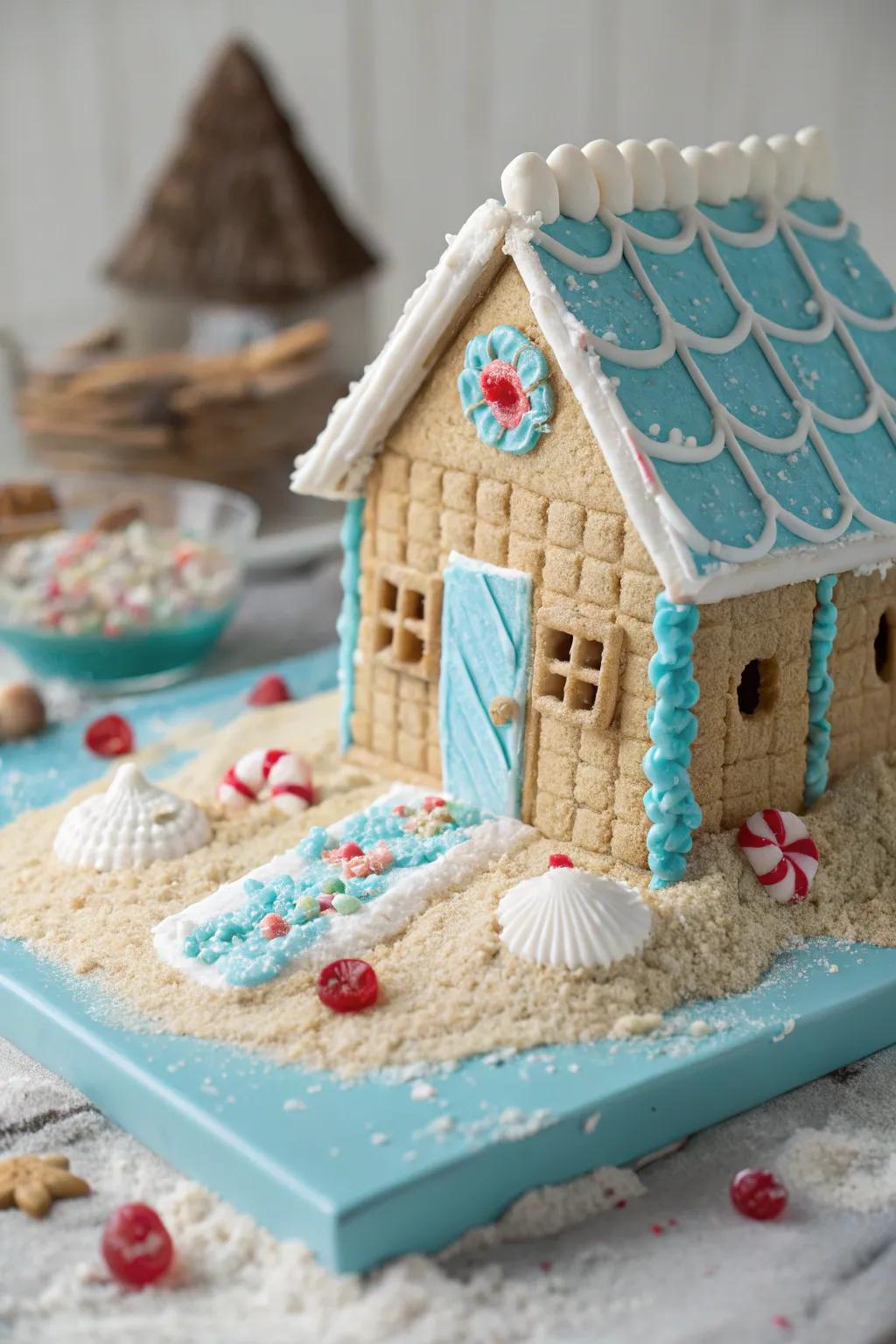 Coastal dwelling gingerbread house featuring a tropical twist.