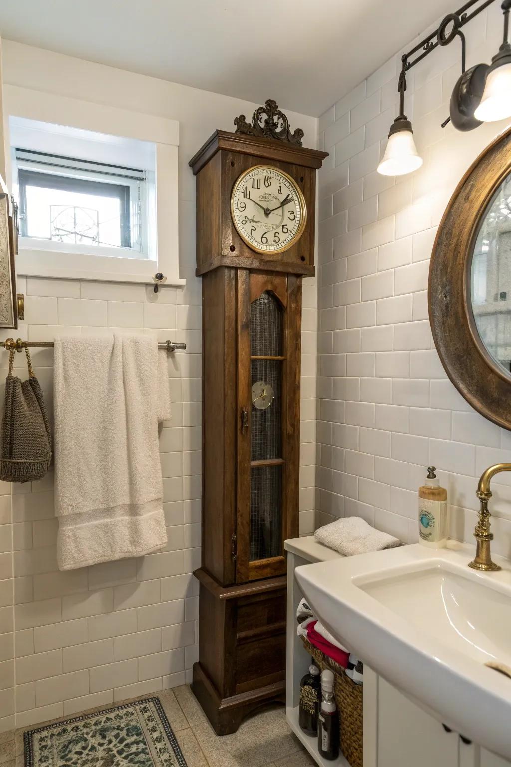A tall case clock in the bathroom surprises and delights as a towel rack.