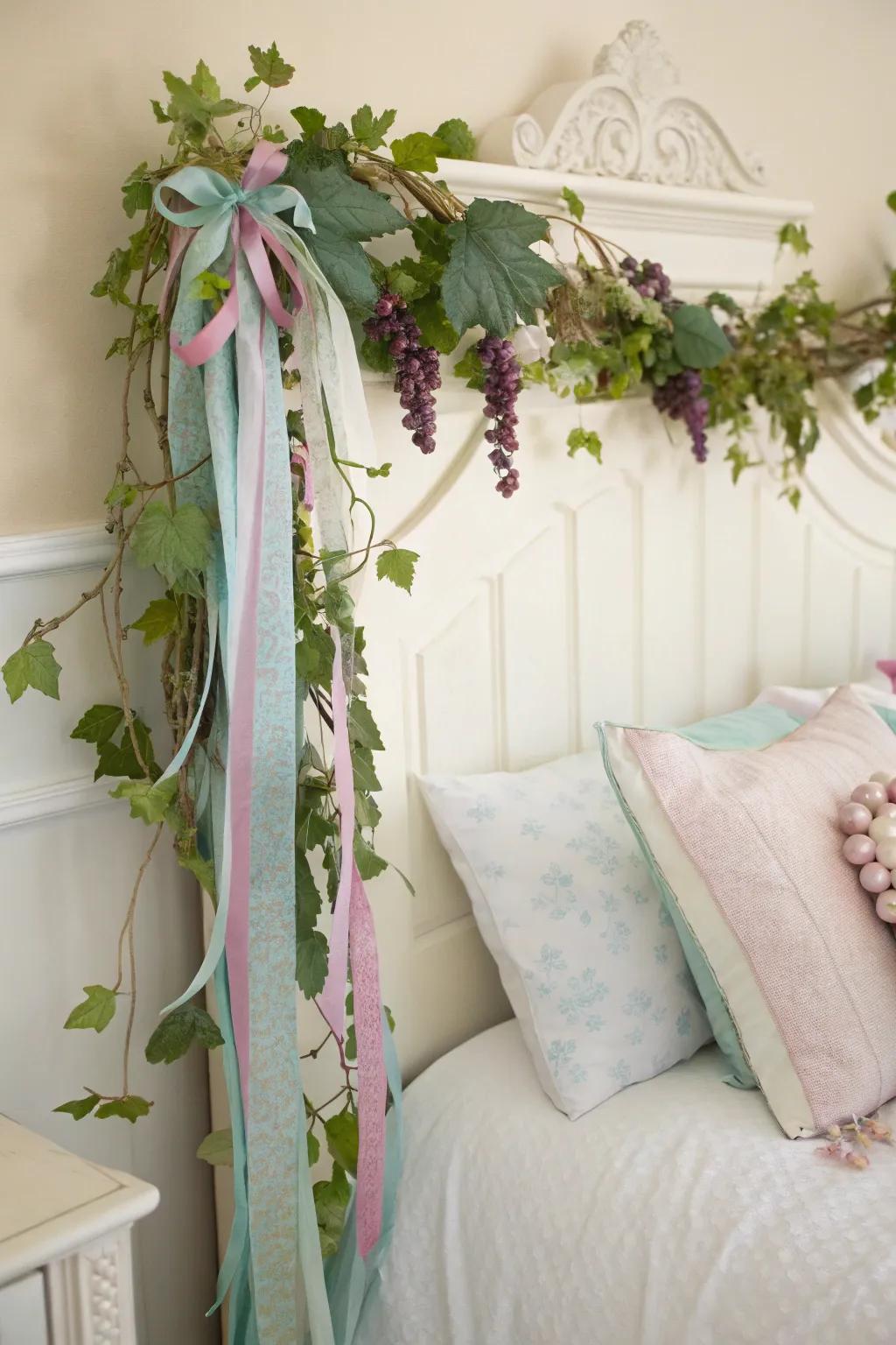 A dreamy grapevine arrangement infuses romance into a bedroom.