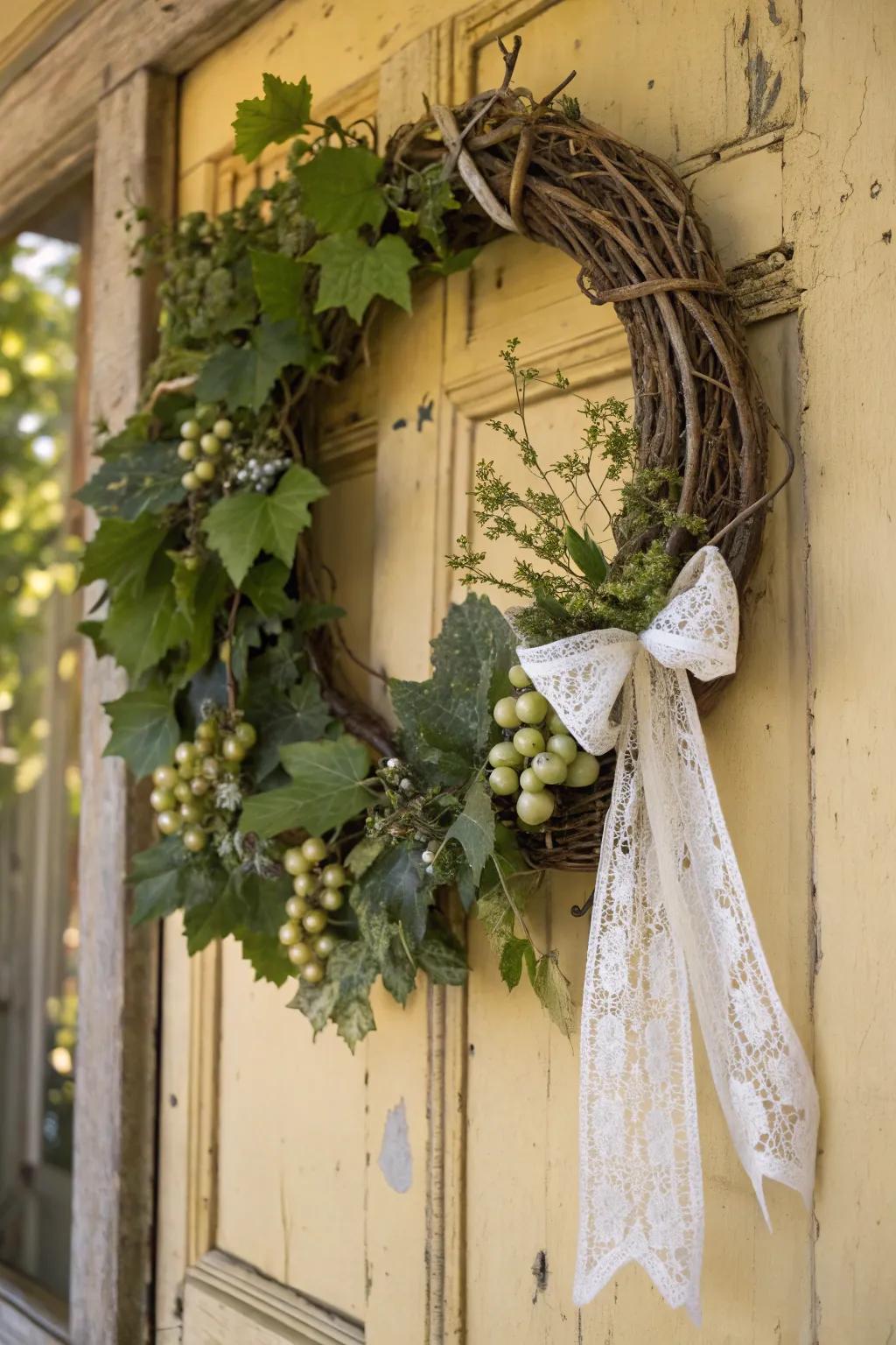 A vintage-inspired grapevine wreath showcasing lacework and baubles.