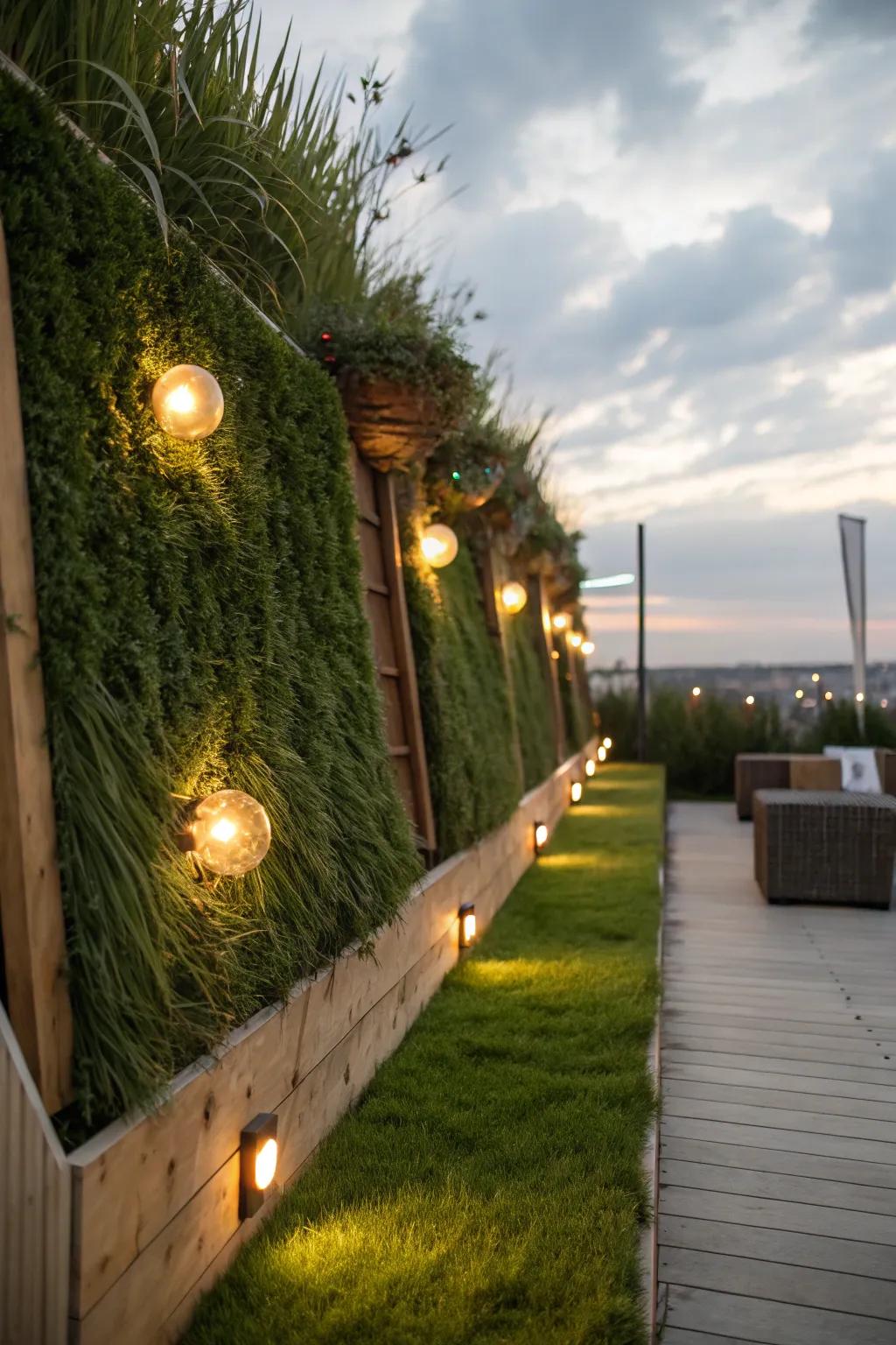 Integrated illumination enhances the splendor and texture of a grass wall through a warm radiance.