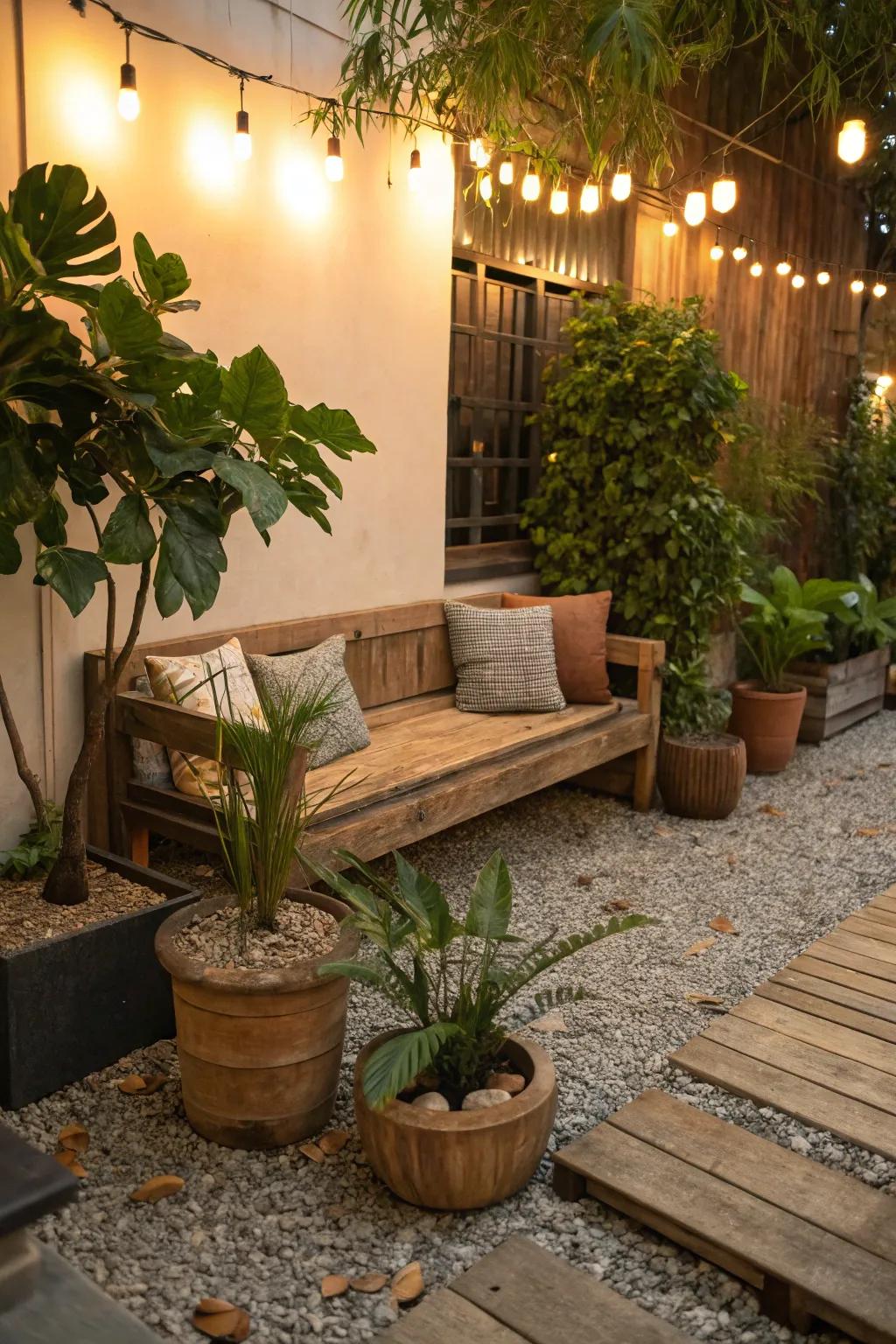 A seating space nestled among potted plants in a gravel garden.