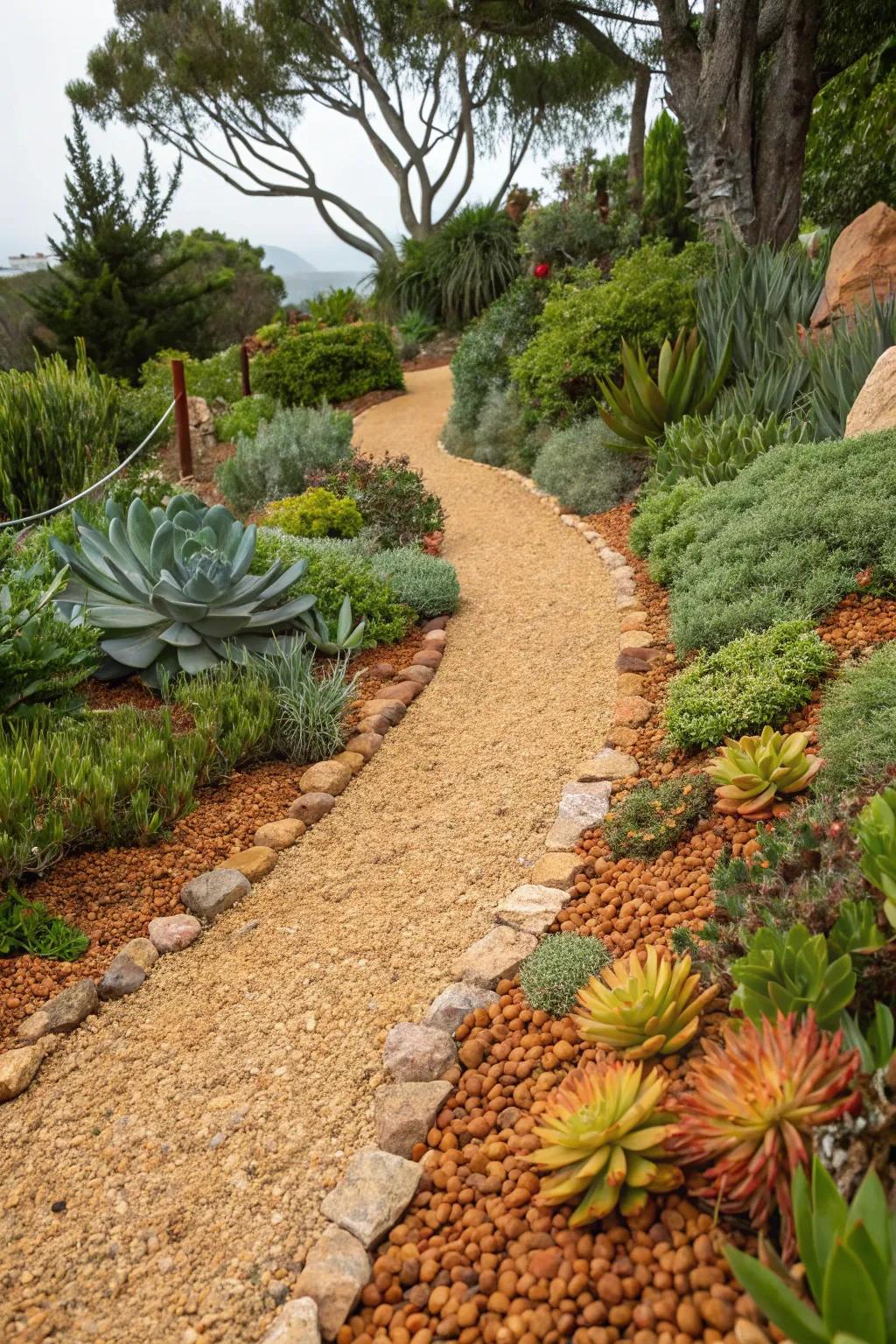 A crushed stone path with warm-toned stone complementing a succulent garden