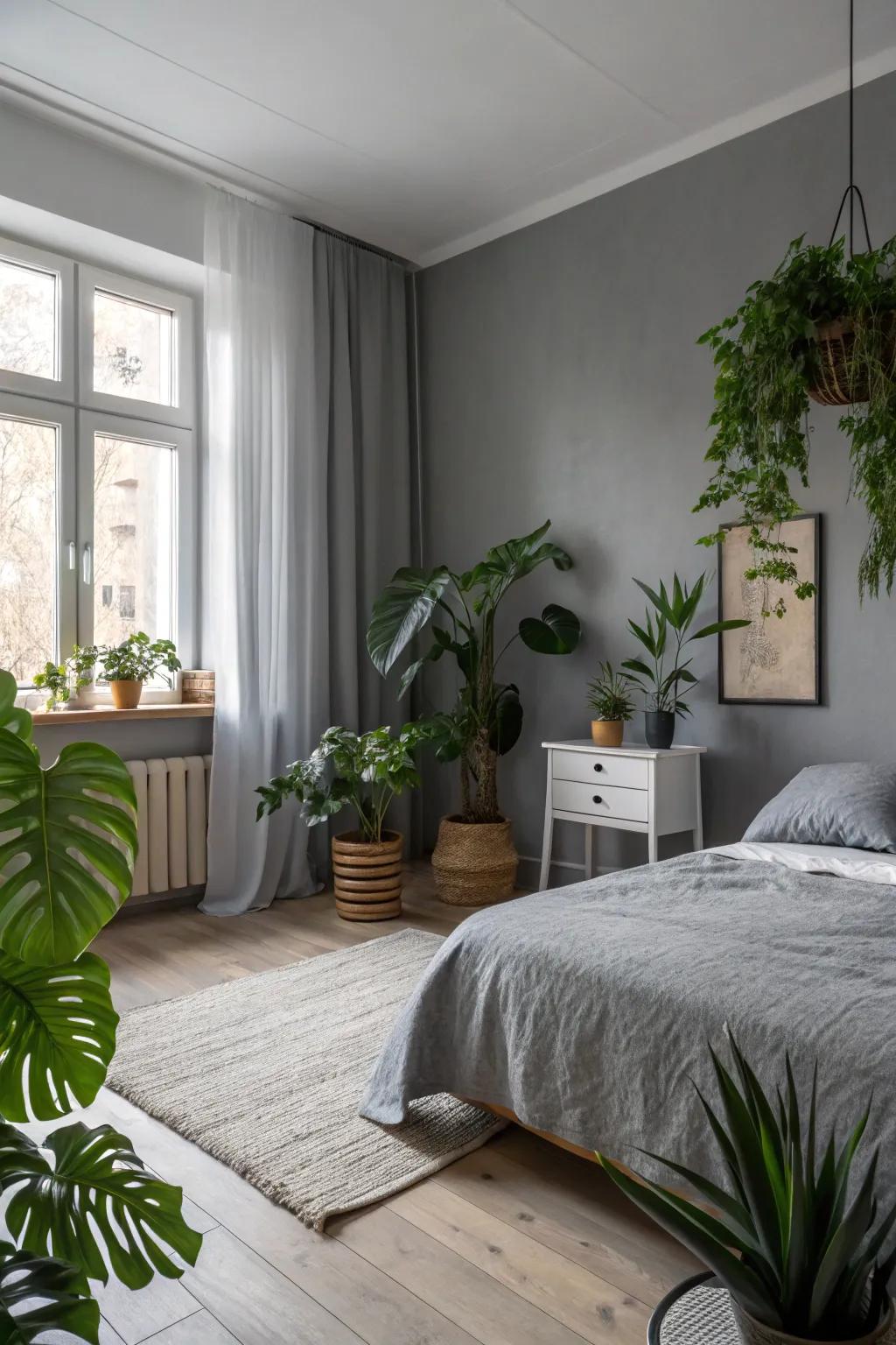 A peaceful gray bedroom featuring rich greenery.