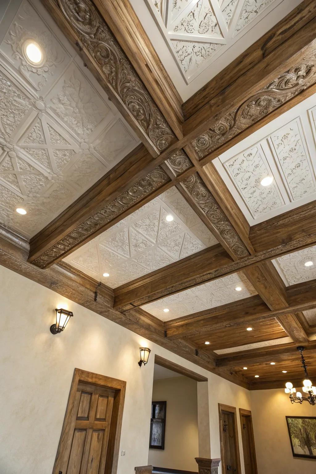 Contrasting textures introduce depth and visual interest to ceilings.