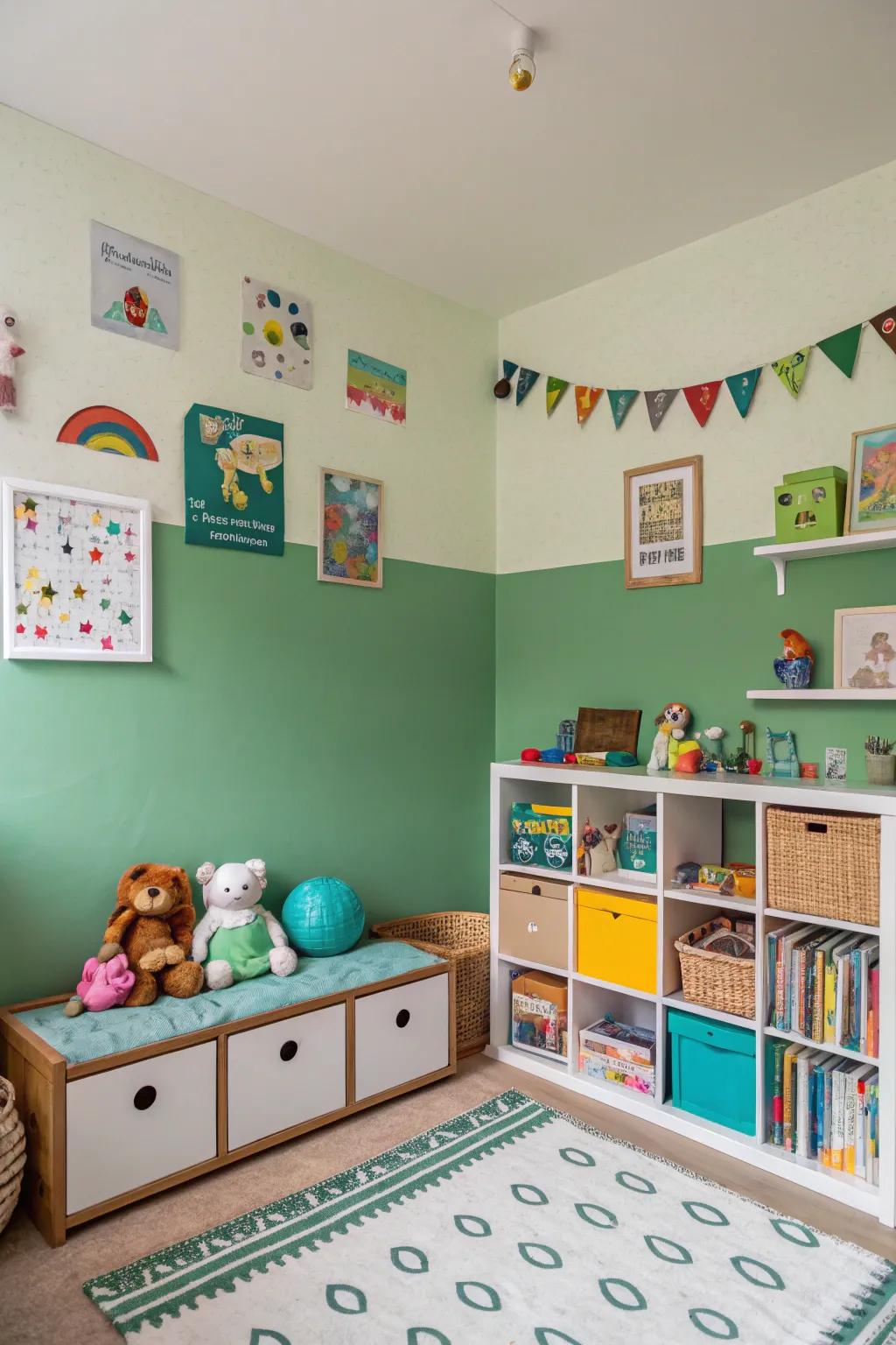 A dual-tone green wall livens up this children's room.