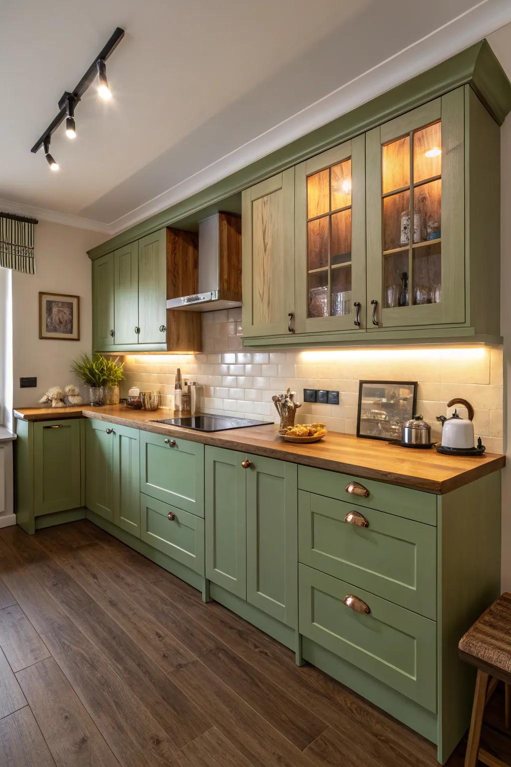 Stylish kitchen featuring two-tone cabinets and ambient lighting.
