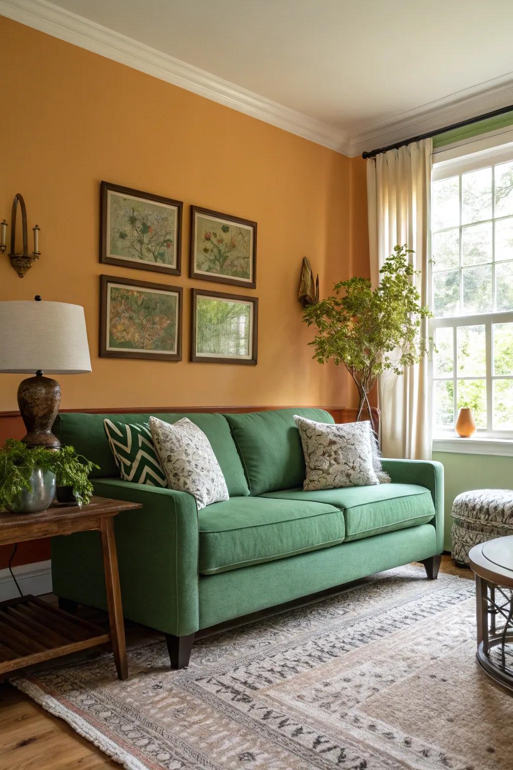 A feature wall can beautifully highlight a green couch, enriching the room.