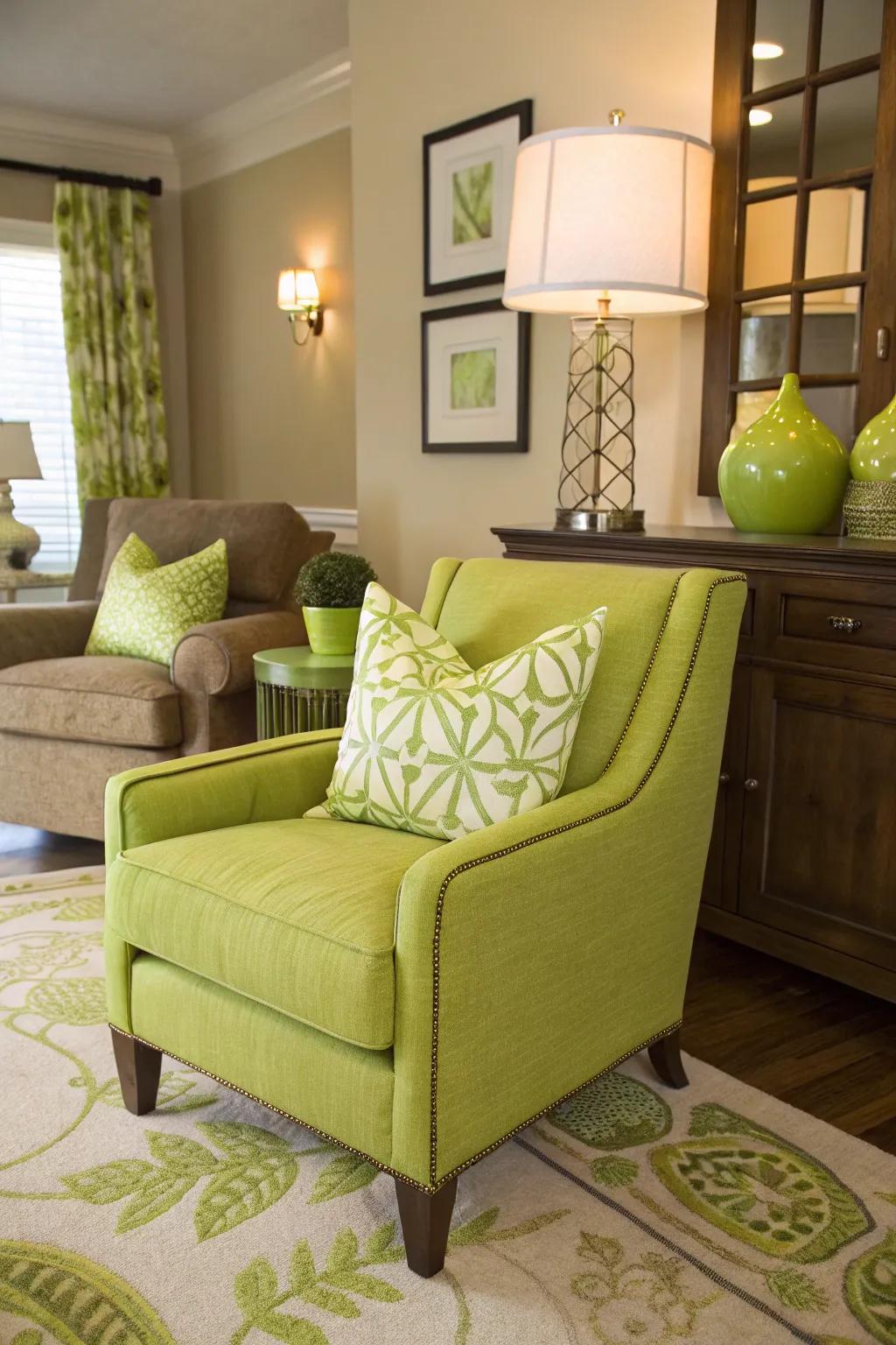 Sharp green accents input a playful splash to your style.