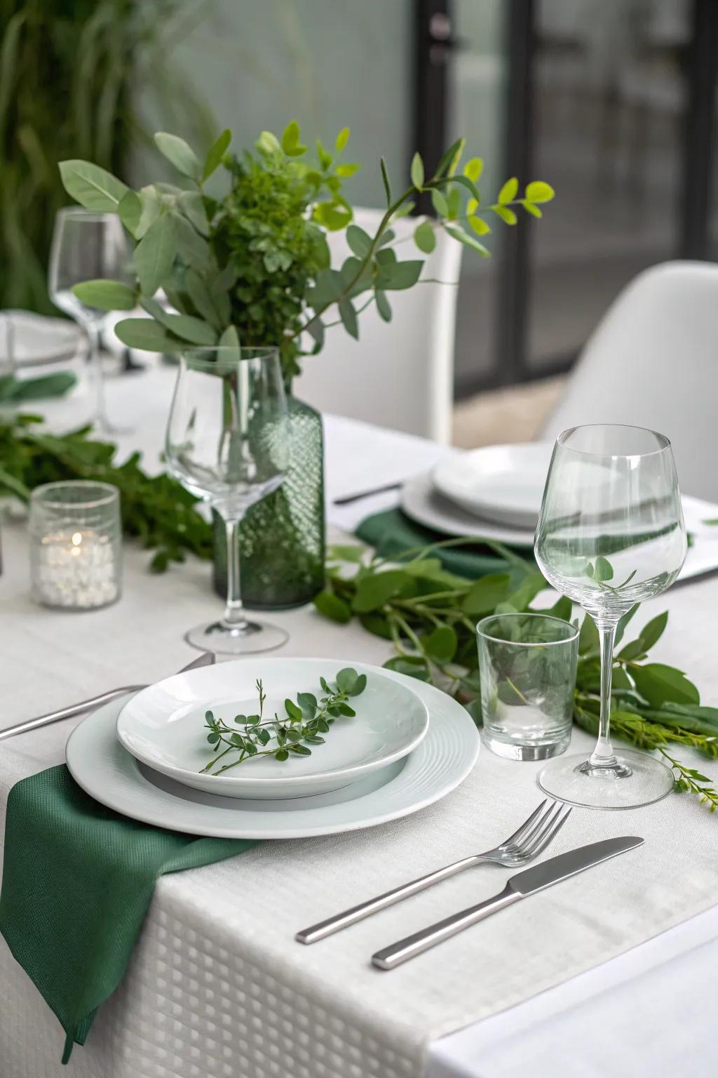 Minimalist table setting showcasing strategic verdant features.