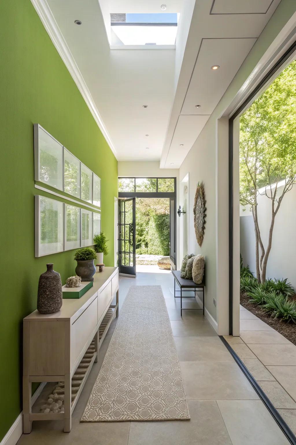 A polished and modern entranceway showcasing a vibrant green wall.
