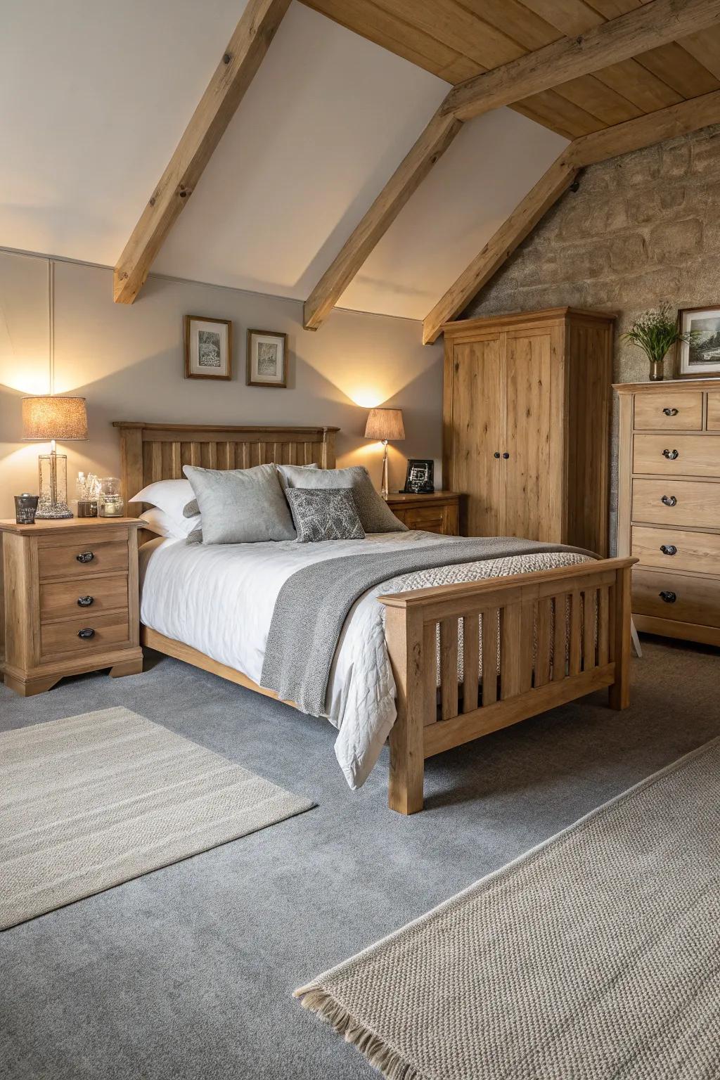 The harmony between organic materials and the grey carpet creates a soothing atmosphere.