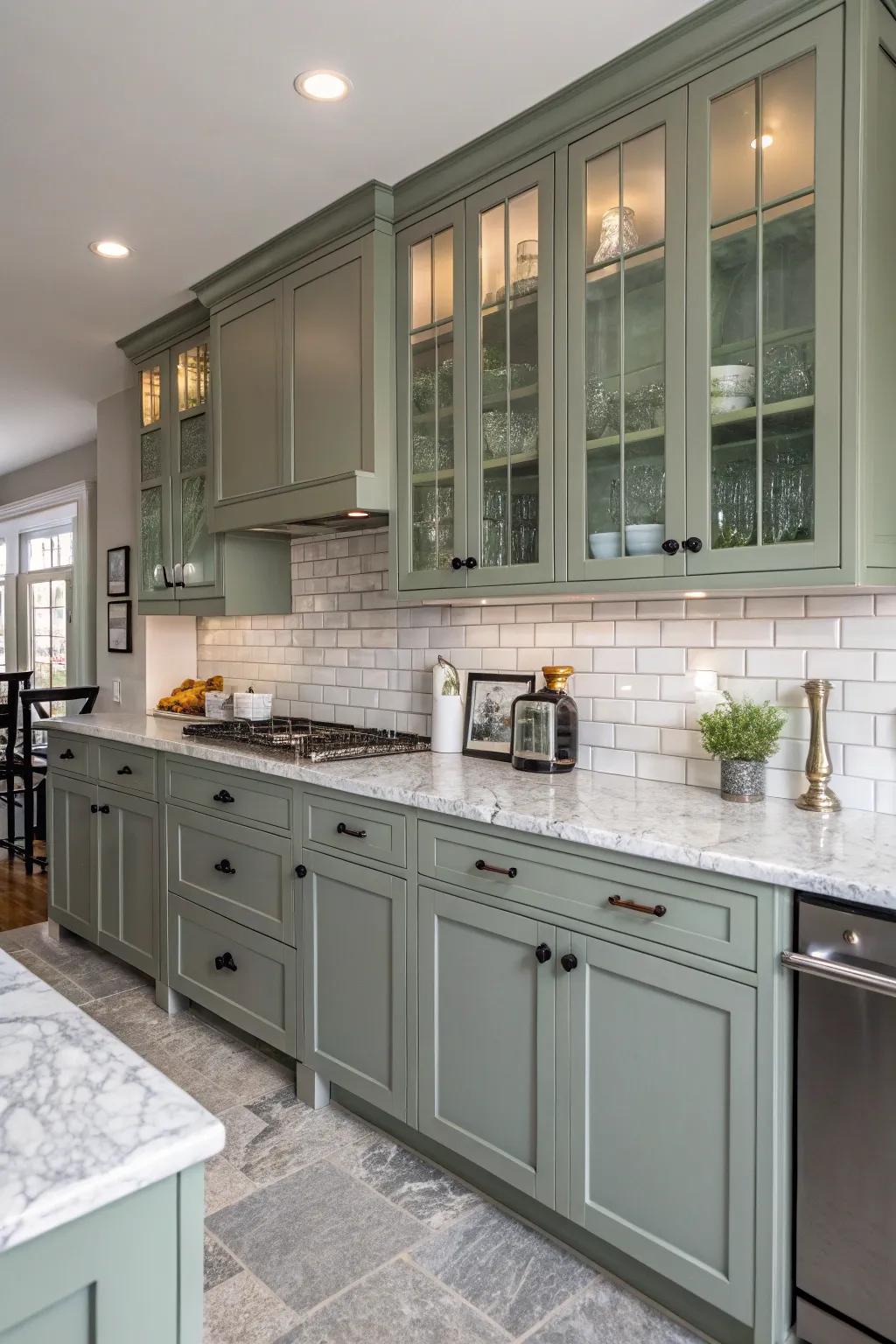 Shaker-style grey-green cabinets offer lasting versatility.