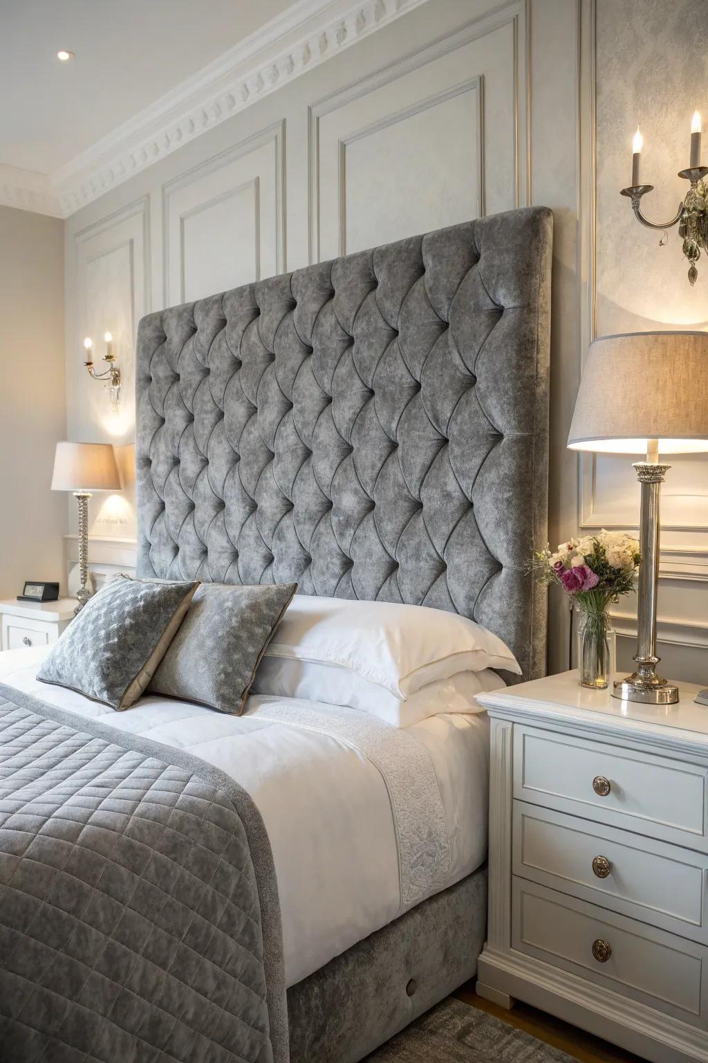 A sophisticated bedroom design featuring a slate-toned velvet tufted headboard.