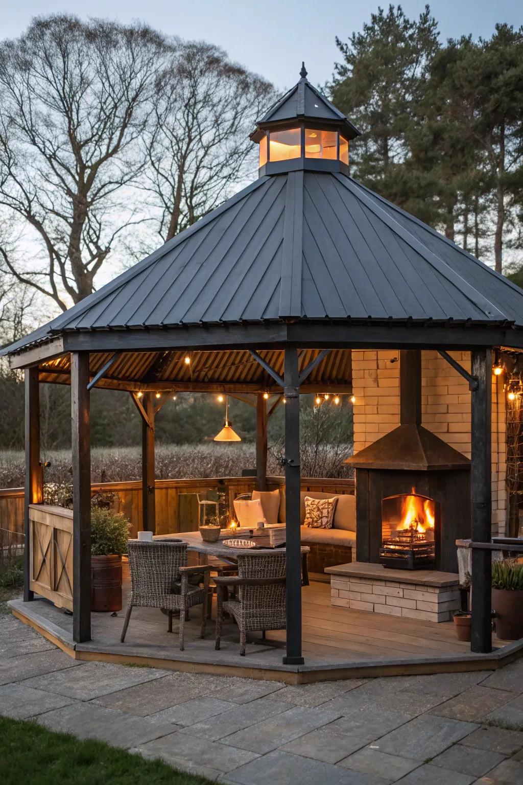 A grill gazebo featuring a sturdy roof, perfect for year-round use.