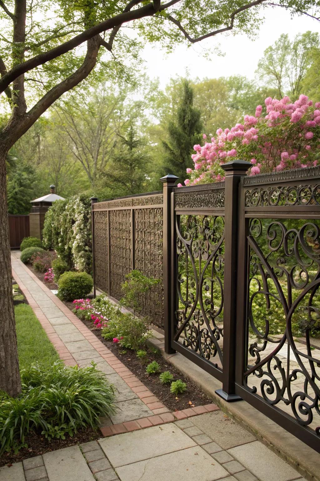 A wrought iron fence adds artistic elegance.