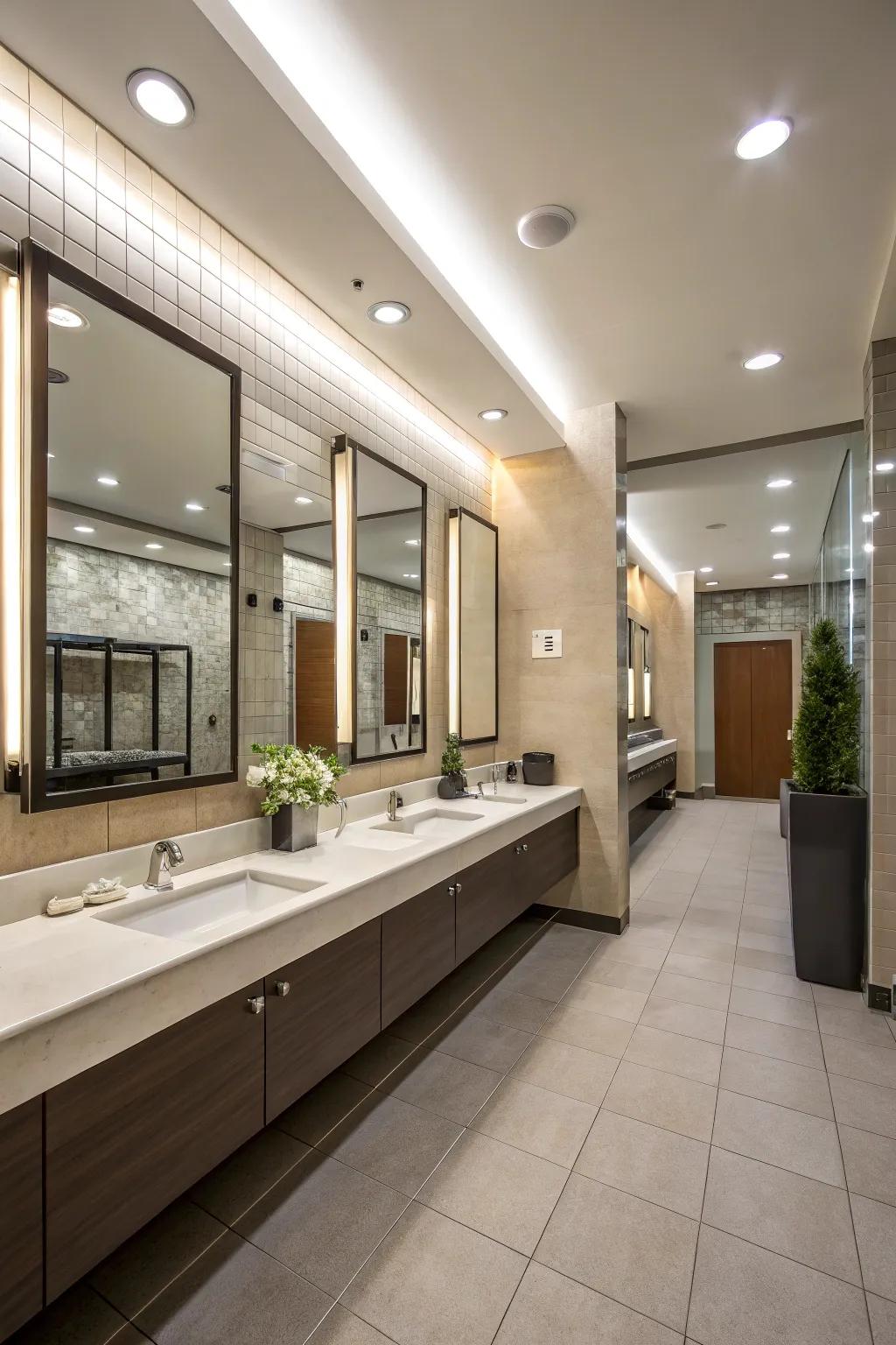 Mirrors and lighting enhance the perception of space in a guest bathroom.