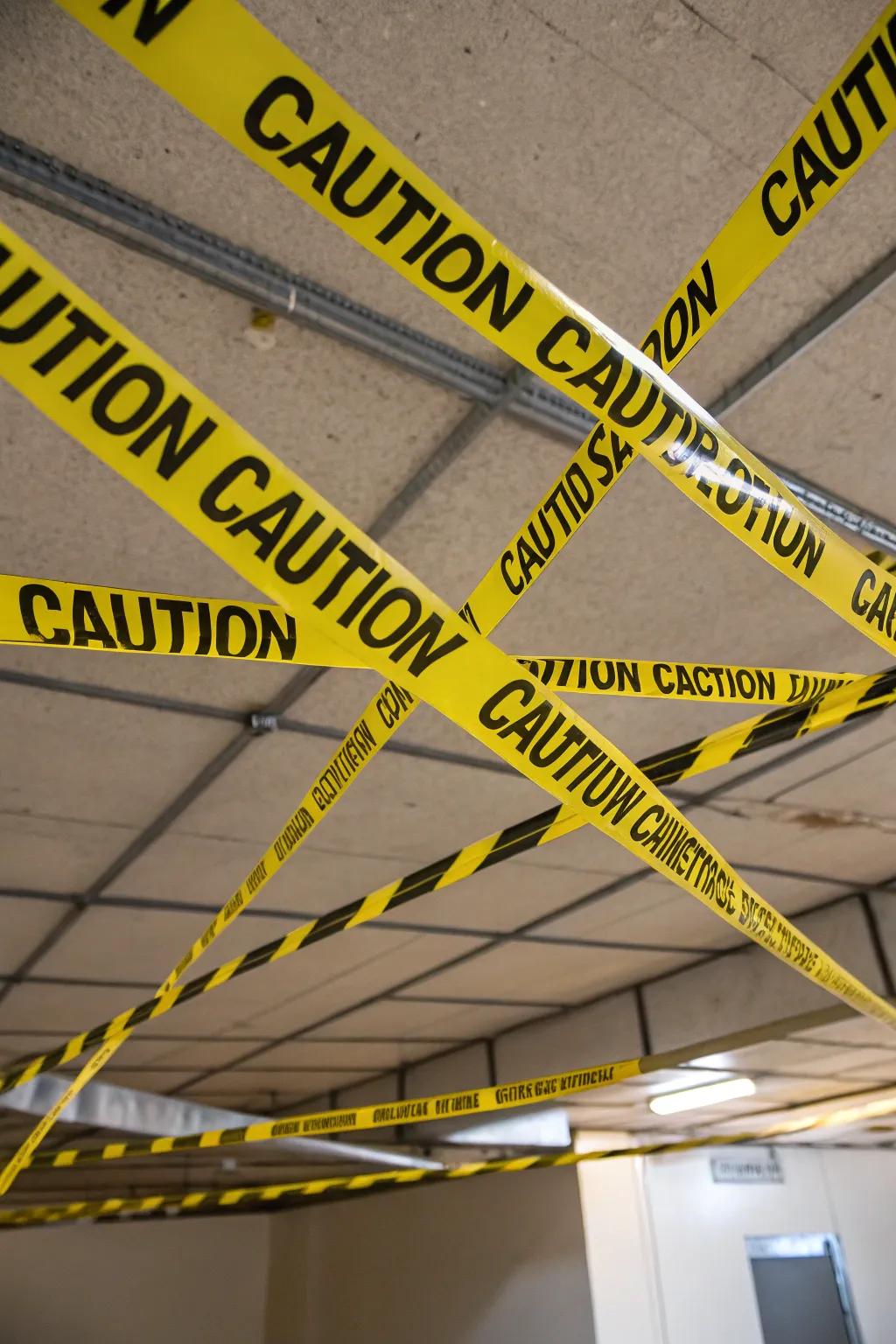 Warning ribbon suspended from the ceiling for a haunting vibe.