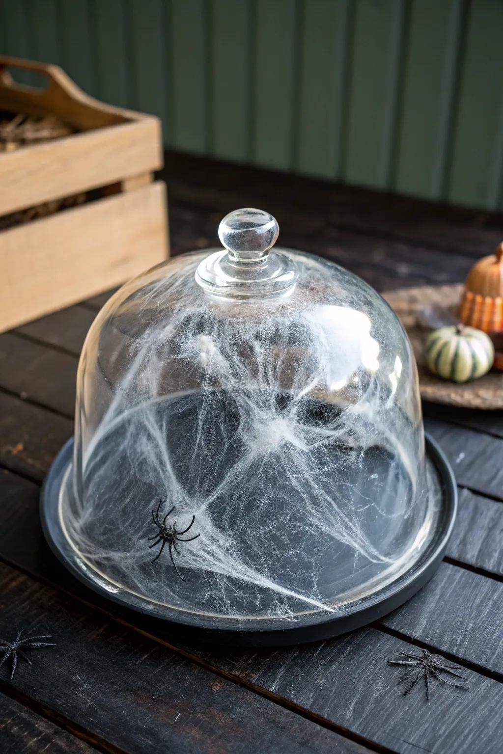Spider strands within a display dome cultivate an eerie sensation.
