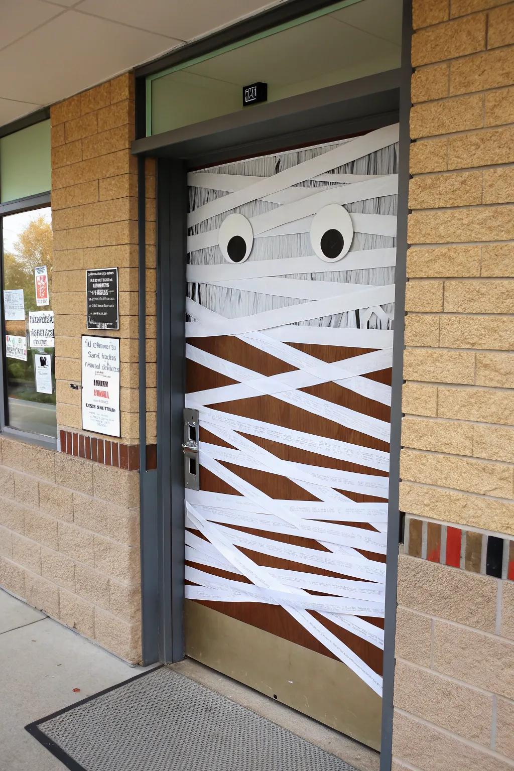 A mummy-enclosed doorway, augmented by wiggle eyes for a playful alteration.