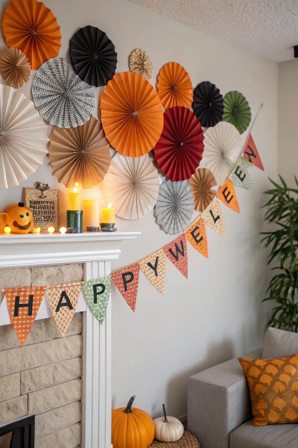 A pictorial backdrop incorporating paper ventilators and pennants preserves memorable instances