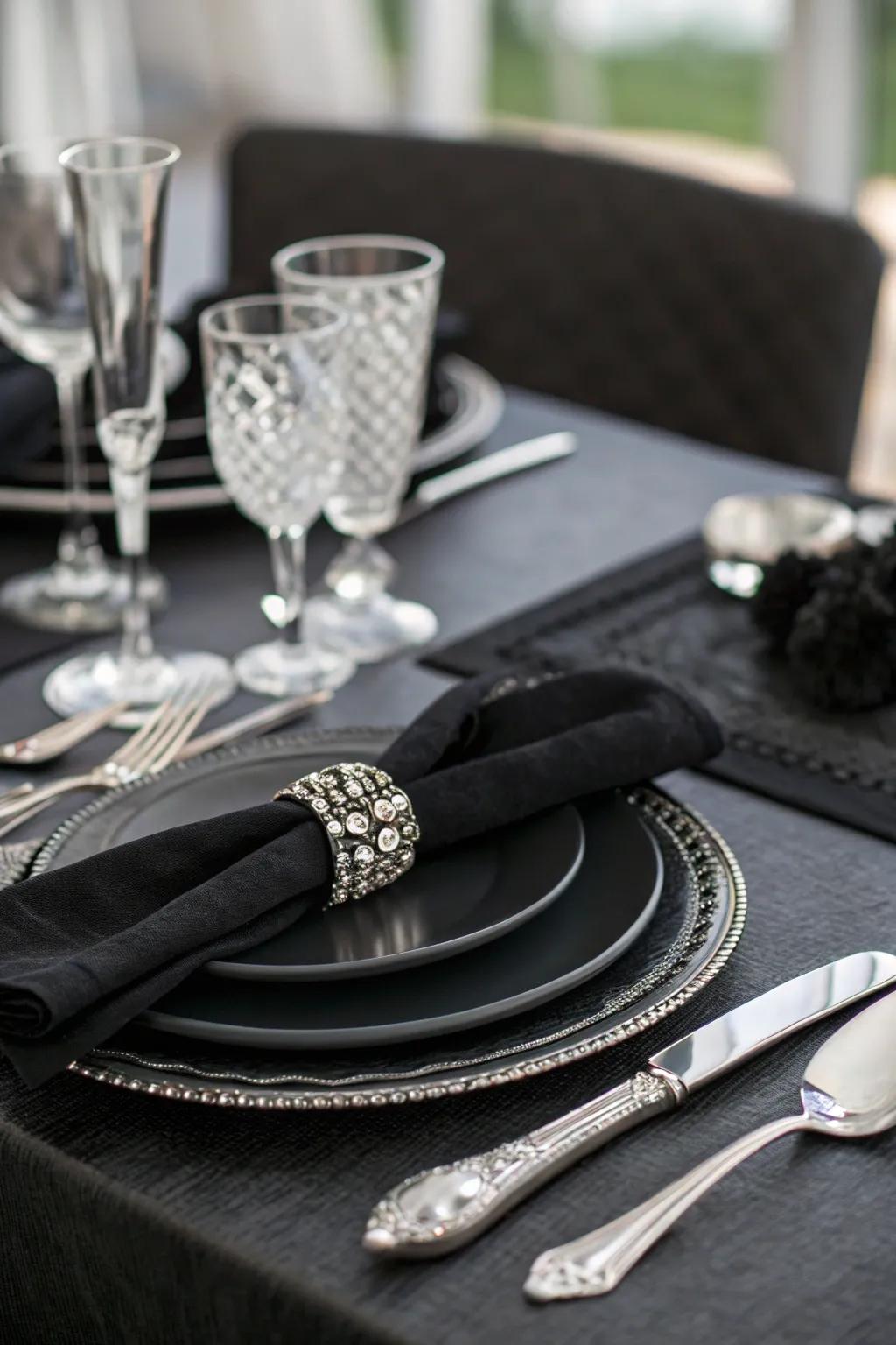 A striking monochrome table setting beautifully accented with elegant touches.